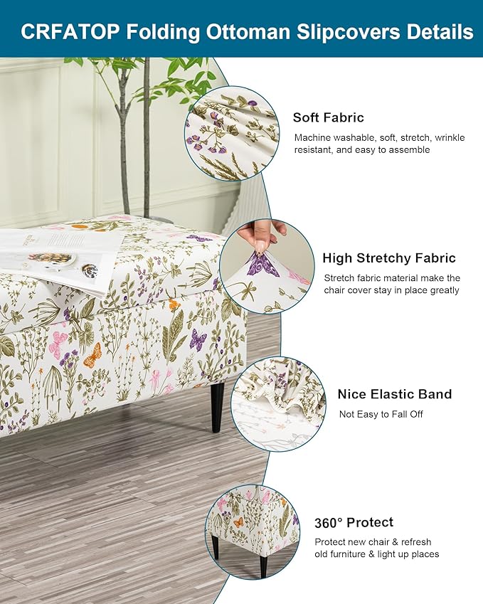 CRFATOP Printed Rectangle Ottoman Stool Cover Stretch Folding Storage Footstool Bench Slipcovers Upholstered Foot Chest Chair Covers Washable Entryway Furniture Protector with Elastic Bands,S,13