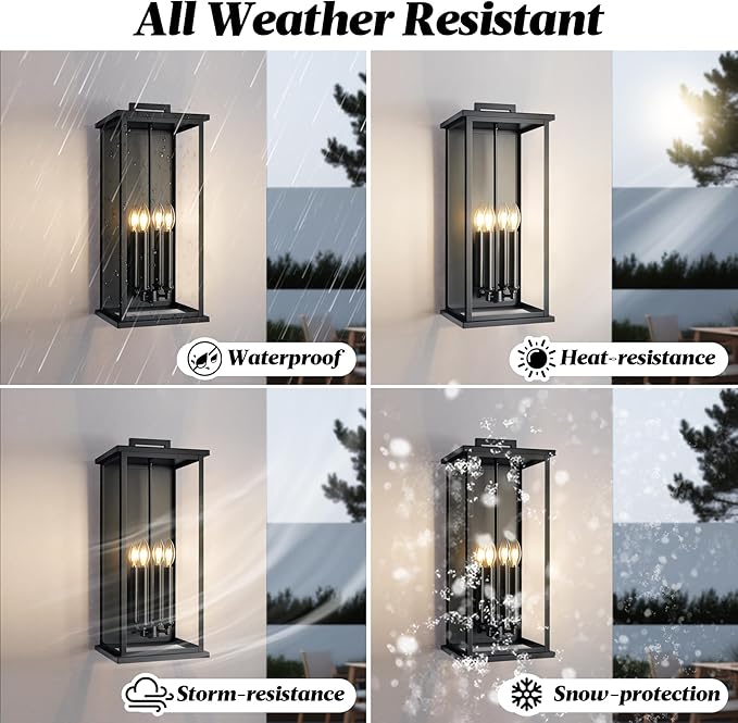 Extra Large Black Outdoor Light Fixtures Wall Mount,Modern Outdoor Wall Lantern,Exterior Porch Garage Light, Outside Sconce for House,Entryway with Thick Glass Shades & E12 Base