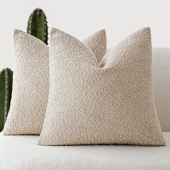 Foindtower Set of 2, Decorative Textured Boucle Throw Pillow Covers Accent Solid Pillow Cases Neutral Soft Cozy Couch Cushion Case for Chair Sofa Bedroom Living Room Home Decor 16 x 16 Inch,Oatmeal