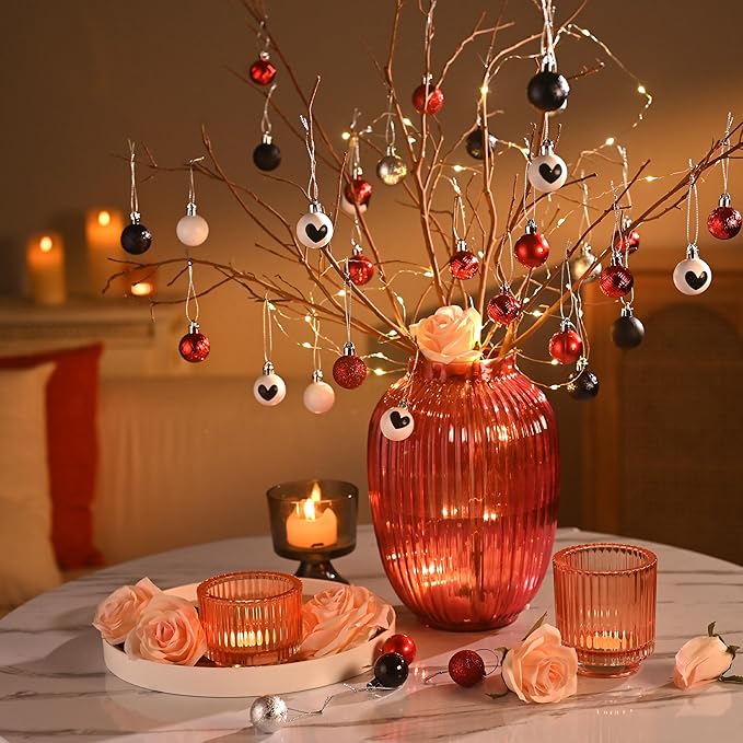DecorbyHannah Mini Valentines Day Christmas Tree Ornaments Decorations, 49ct 1.18Inch Small Red Black Heart Ornaments for Tree, Shatterproof Hanging Valentine's Day Decor for Wedding Anniversary Party