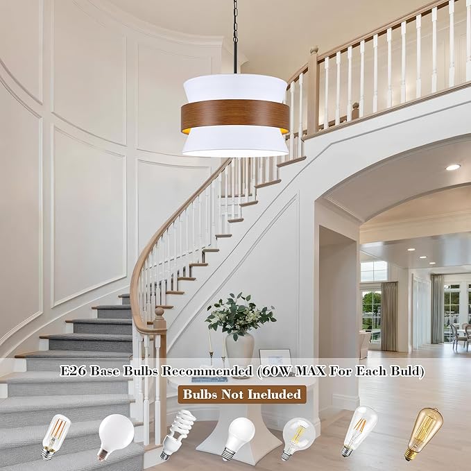 5 Lights White Drum Farmhouse Chandelier for Dining Room,19.68" Modern Large Drum Fabric Light fixture,Adjustable Rustic Metal Imitation Wood Round Pendant Light for Living Room Kitchen Island Bedroom