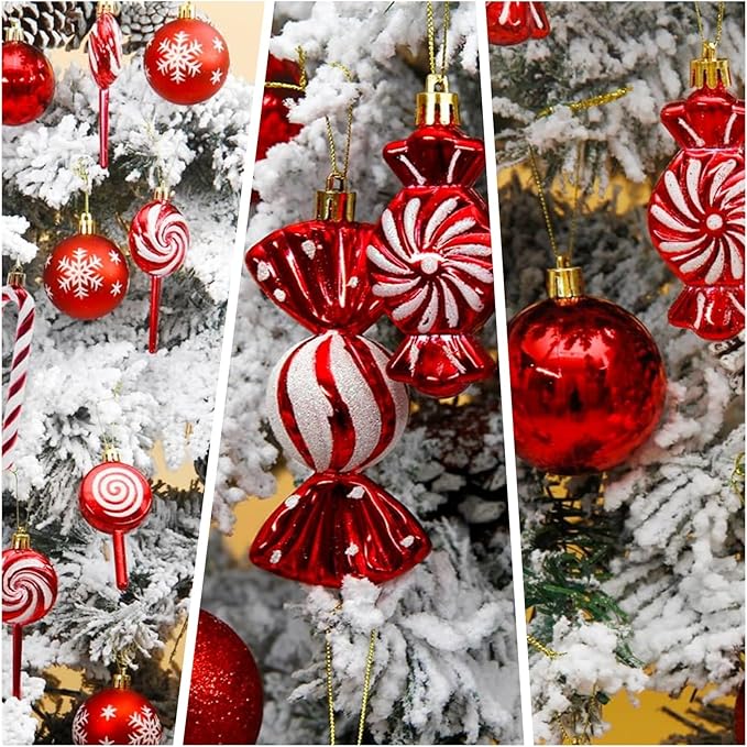 36 Pcs Christmas Ornaments, MOYEE Shatterproof Plastic Christmas Ornaments for Tree - Candy Cane Christmas Decorations Candies Christmas Ball Ornaments (Red)