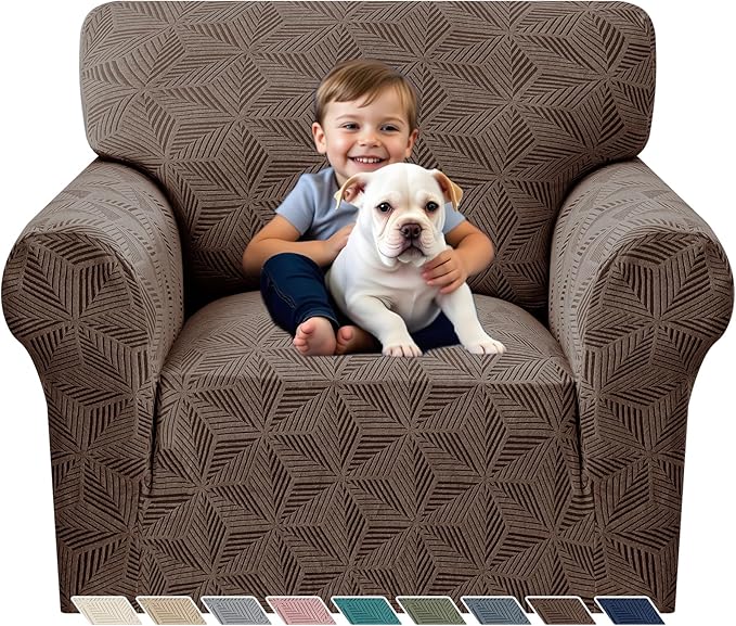 YEMYHOM 1 Piece Stretch Chair Sofa Slipcovers Couch Covers for 1 Seat, Jacquard Armchair Covers with Non-Slip Elastic Bottom, Thickened Furniture Protector for Dogs Pets kids (Small, Brown）