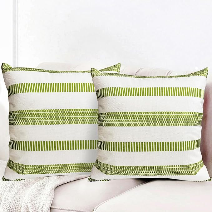Decorative Throw Pillow Covers Set of 2 Grass Green Boho Striped Pillow Covers 16x16 Inch Throw Pillow Cover Linen Pillowcase Farmhouse Outdoor Pillow Covers for Couch Sofa Living Room