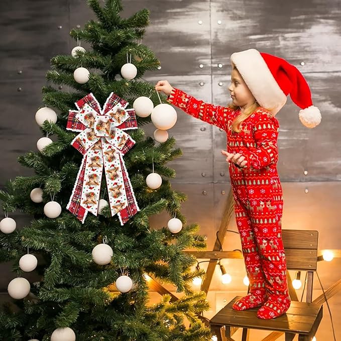 Large Christmas Wreath Bows, Christmas Calf Plaids Velvet Burlap Linen Bows for Wreath, Large Tree Topper Ribbon Bows for New Year Home Indoor Outdoor Xmas Party Decoration Wreath Ornament Supplies