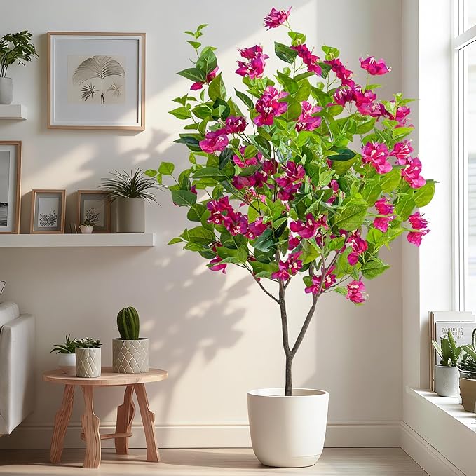 4FT Artificial Bougainvillea Tree Artificial Tree Tall Potted Fake Bougainvillea Trees for Outdoor Indoor Lifelike Potted Faux Plants with Wood Trunk and Flowers Office Wedding Home Decor
