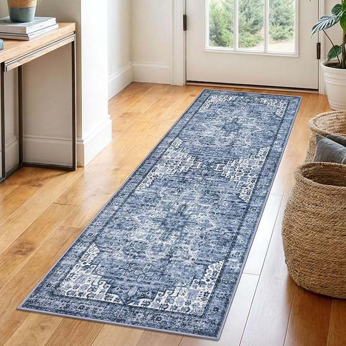 2x6 Runner for Hallways, Blue Non-Slip Printed Washable Kitchen Runner Vintage Rug with Non-Shedding, Soft Medallion Floor Carpet for Laundry Bedroom Entryway