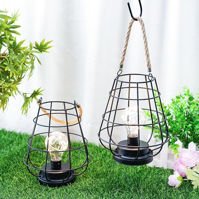 JHY DESIGN Set of 2 Cage Bulb Lantern Decorative Table Lamps 8.5" H Battery Powered Cordless Lights with Warm White Fairy Lights LED Edison Bulb Lamp for Living Room Bedroom Home Wedding(Black)