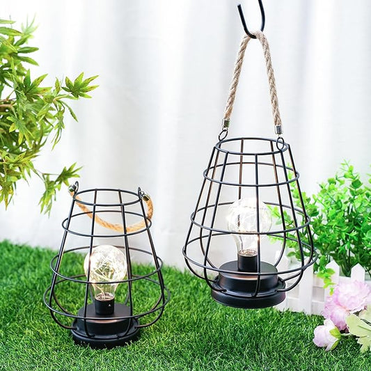 JHY DESIGN Set of 2 Cage Bulb Lantern Decorative Table Lamps 8.5" H Battery Powered Cordless Lights with Warm White Fairy Lights LED Edison Bulb Lamp for Living Room Bedroom Home Wedding(Black)