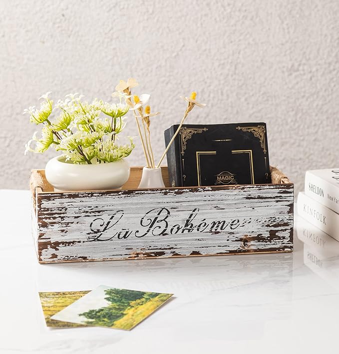 TIMRIS Farmhouse Distressed Wooden Storage Box, Rustic Bathroom Decor Box, Decorative Toilet Tank Basket Nice Butt, Vintage Countertop Organizer Box with Handles (Distressed White)