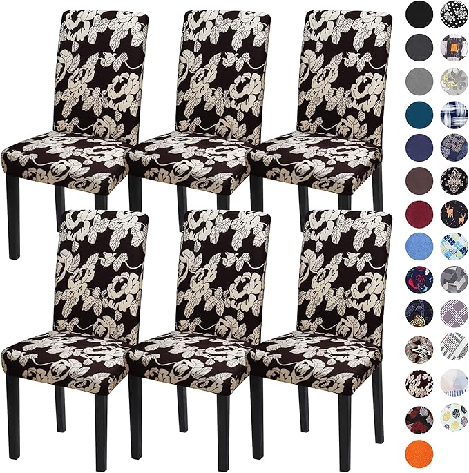 Sufdari Dining Chair Covers,Kitchen Chair Cover,Parsons Chair Slipcover,Spandex Chair Protectors for Dining Room Stretch Chairs Cover Set of 6 -Beige Floral