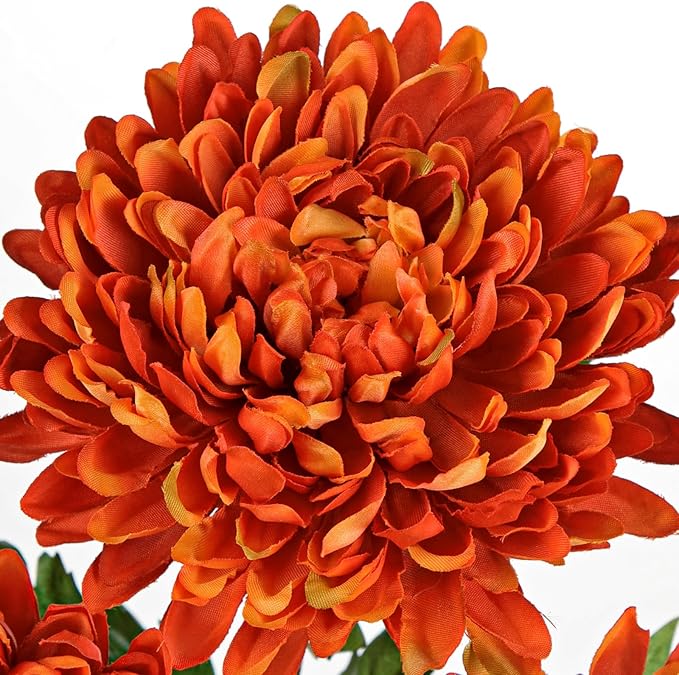 Hollyone 3Pcs Orange Artificial Mums for Outdoors Fall Flowers Fake Fall Mums Chrysanthemum Flowers Silk Long Stem Floral Arrangements Bouquets Faux Spider Mum Flower Autumn Decorations for Home