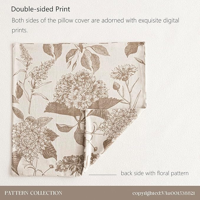 Foindtower Set of 2 Linen Floral Throw Pillow Covers Neutral Vintage Print Decorative Cushion Covers Farmhouse Boho Home Decor for Sofa Chair Couch Bedroom Living Room,22×22 Inch,Light Brown
