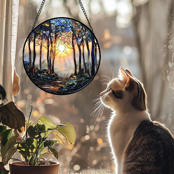Stained Glass Window Hanging, Forest Sunrise Smoke Blue Brown Tree Suncatcher for Doors Window Home Landscape Sun Catchers Decor Mother's Day Birthday Gifts for Women, Men Mom 7.8 in