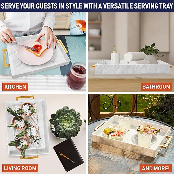 Acrylic Serving Tray with Gold Handles, 16" x 12" Decorative Tray for Coffee Table, Spill-Proof Server for Food and Drinks. Multipurpose for Kitchen, Countertop, Vanity, Ottoman, and Parties (Marble)