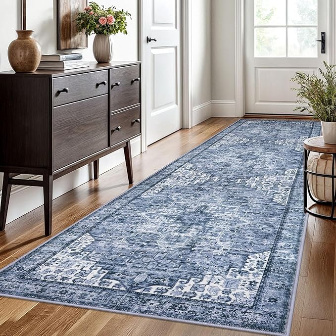 3x10 Washable Rug for Entrance, Blue Soft Printed Area Rug, Non-Slip Kitchen Rugs, Low-Pile Medallion Indoor Door Mat, Small Farmhouse Carpet for Entryway Kitchen Foyer Bedside