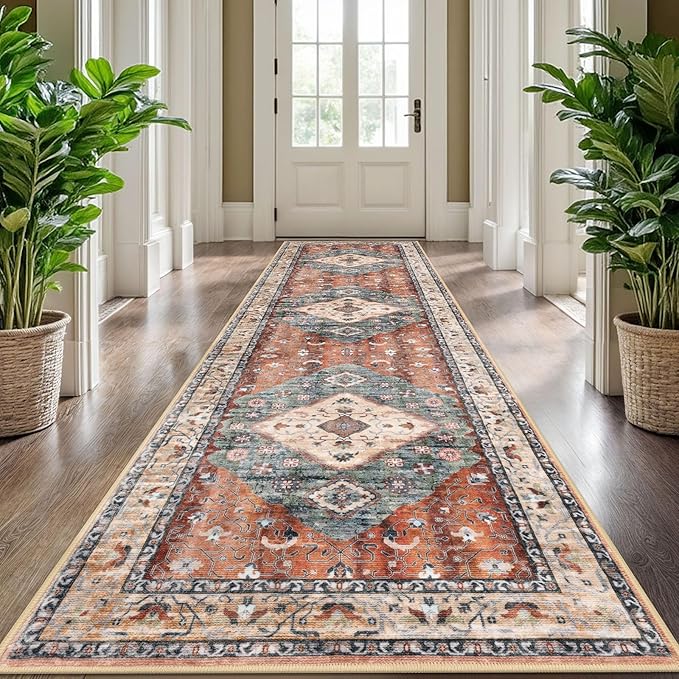 KOZYFLY Long Runners for Hallways 2.6x10 Ft Washable Kitchen Boho Runner Rug for Entryway Indoor Rust/Orange/Blue Printed Faux Wool Stair Runner Floor Carpet Runner for Stair Kitchen Hall