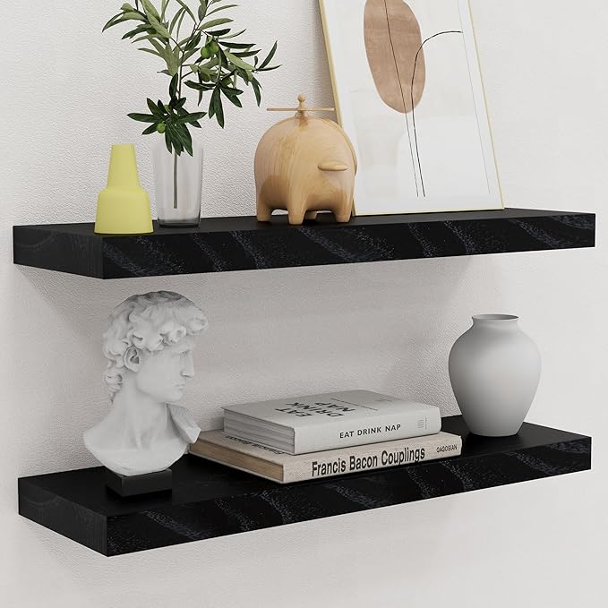 fuqing Black Floating Shelves | 24 Inch Wood Floating Shelves for Wall Set of 2 | 24" W x 6.7" D x 1.4" H Rustic Black Wooden Shelves for Bathroom Living Room Bedroom Kitchen