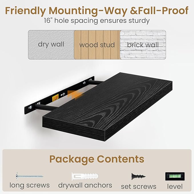 55 Inch Long Floating Shelves for Wall Set of 2, 55x9.3 Large Floating Shelf for Bedroom, Kitchen, Bathroom, Wall Mounted Rustic Wood Shelves with Invisible Bracket for Books, Decor, Black