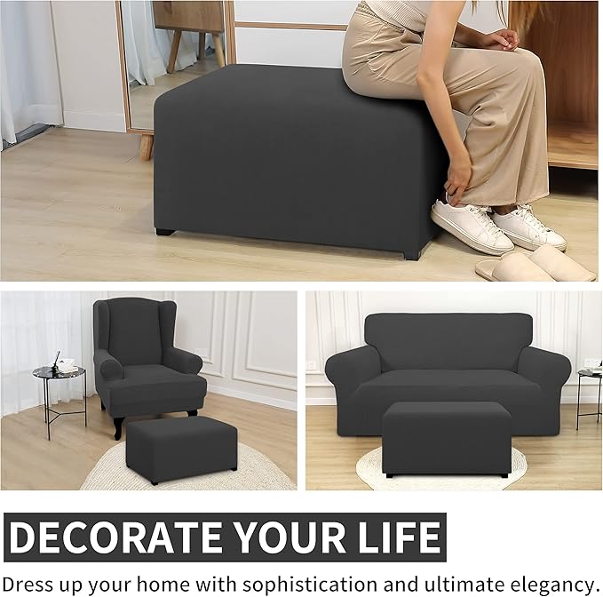 Easy-Going 100% Dual Waterproof Stretch Ottoman Cover 30x30x15inch Square Folding Storage Stool Furniture Protector Soft Slipcover for Living Room Dark Gray