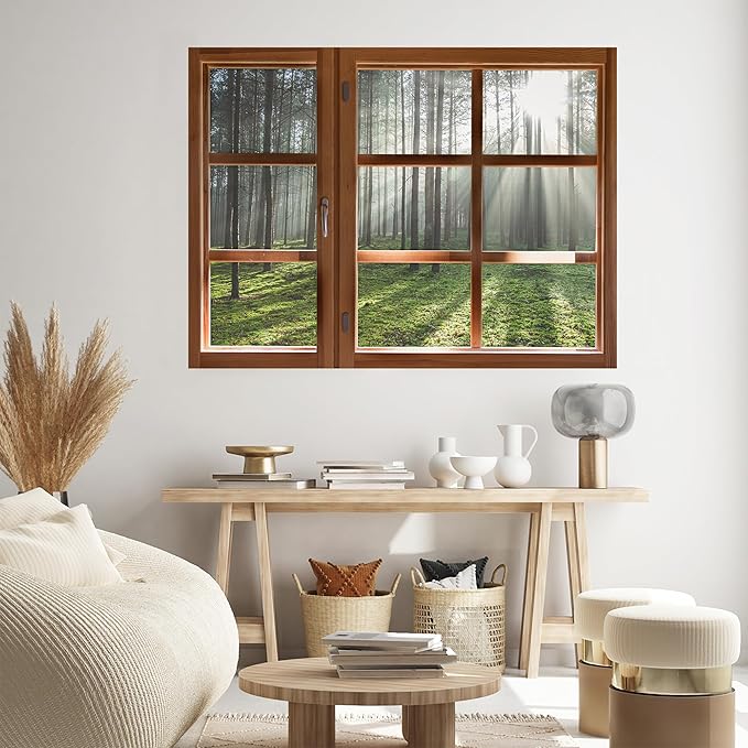 SIGNWIN Removable Wall Sticker/Wall Mural Window Morning Sunlight Through Misty Woods Photography Realism Decorative Landscape Digital Art for Living Room, Bedroom, Office - 24"x32"