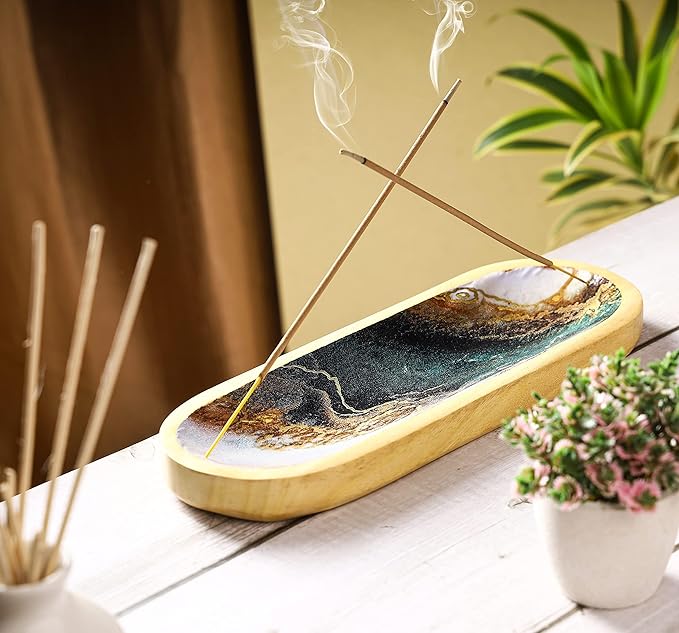 Yajna Traditional-Handmade Incense-Stick-and-Cones-Holder Incense-Burner-ash-Catcher-Stand Wooden-Tray-Holder (Green White Agate)