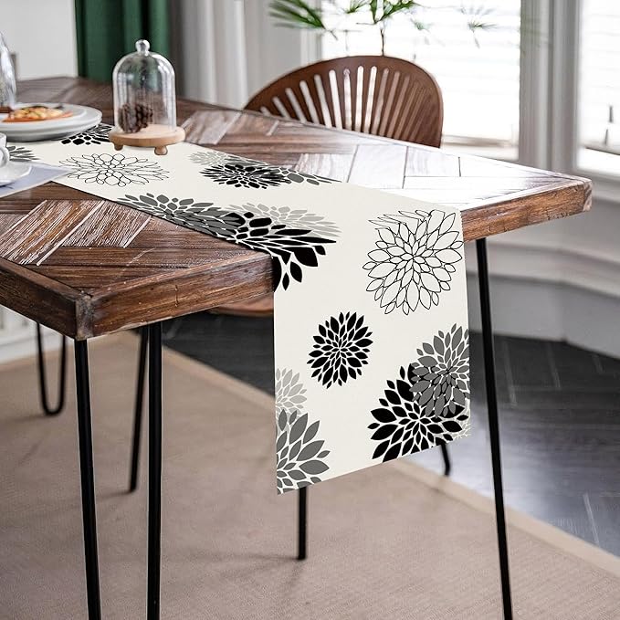 Black Gray Table Runner Dahlia Pinnata Flower Beige Table Runners Modern Elegant Pompon Farmhouse Geometric Coffee Table Center Decor for Home Kitchen Dining Party 13 x 72 Inch