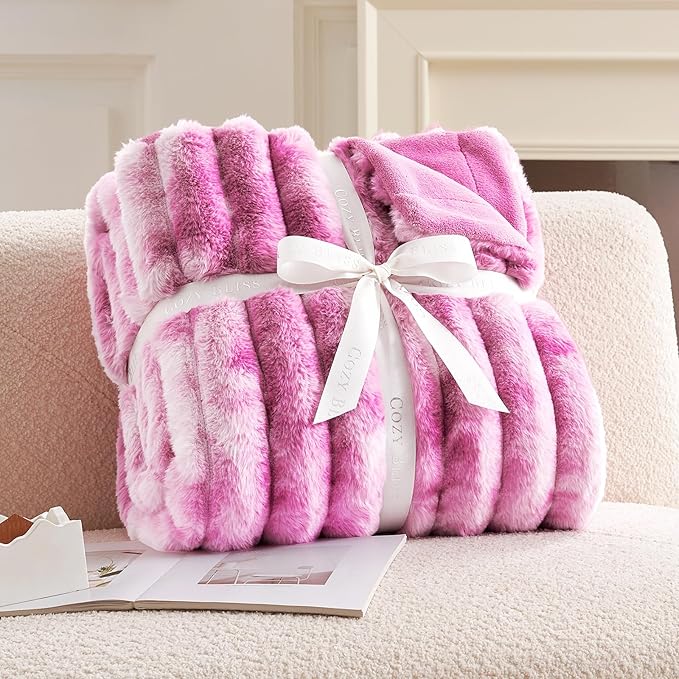 Cozy Bliss Faux Fur Throw Blanket for Couch, Cozy Warm Plush Striped Blanket for Sofa Bedroom Living Room, 108 * 90 Inches Tie-dye Pink