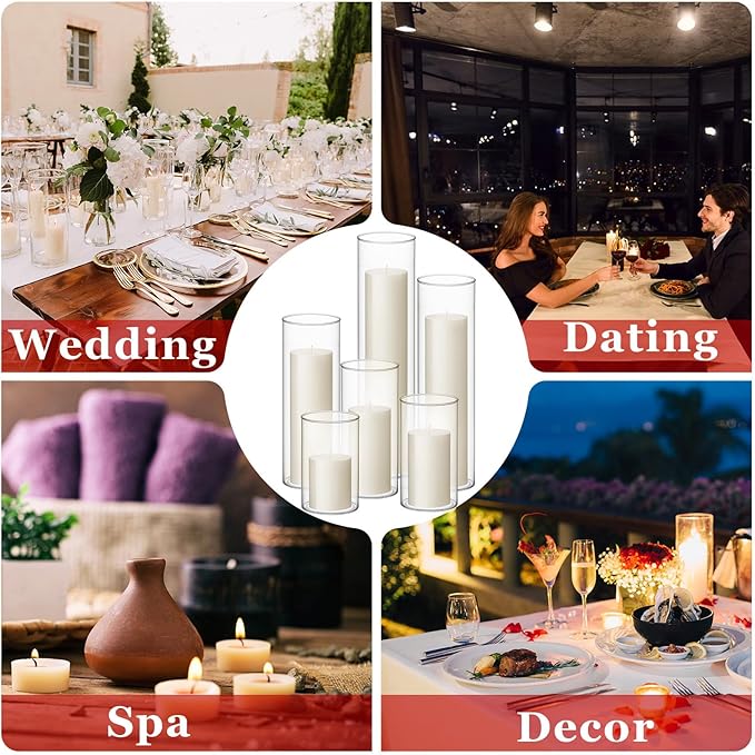 Shihanee Set of 12 Pillar Candles and Glass Cylinder Vases Assorted Sizes Clear Cylinder Holders for Pillar Candles Home Table Centerpieces Wedding Party Decorations (Multiple Sizes,Ivory)