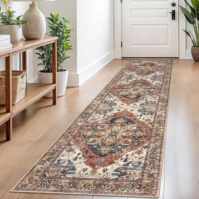 2x8 Washable Runner Rug for Hallways, Terracotta Soft Classic Kitchen Rugs with Non-Slip, Non-Shedding Boho Rug for Hallways Entryway Bedroom Bathroom Laundry Indoor