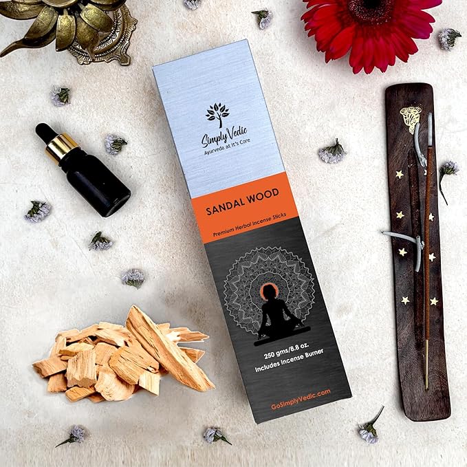 Simply Vedic Sandalwood Incense Sticks 250g (Approx. 135 Handmade Sticks) with Free Holder | 45 Min Burn | Natural Charcoal-Free Agarbatti for Meditation, Yoga, Aromatherapy, Relaxation