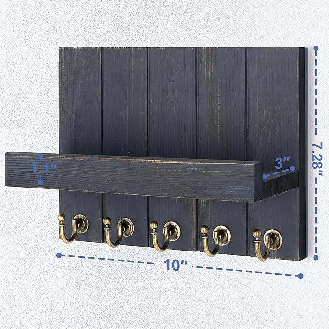 Rebee Vision Pine Wood Key Holder Wall Mount with Floating Shelf – Farmhouse Key Holder for Wall to Elevate Home Decor – Mail Organizer for Apartment Essentials (Royal Blue,3.54" x 10" x 7.28")