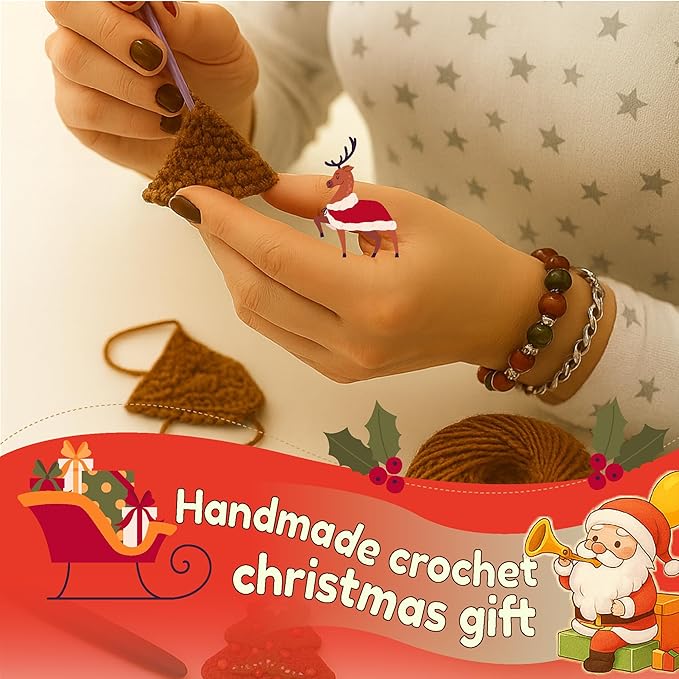 Mini Crochet Reindeer with “Our First Christmas Engaged 2025” Card – Handmade Hanging String Engagement Ornament, Christmas Keepsake Gift for Couples, Newly Engaged Holiday Decoration