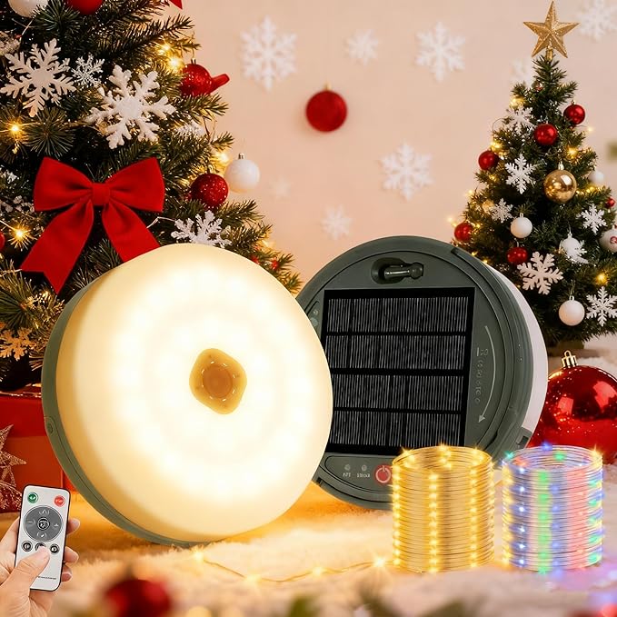 Solar Christmas Lights 180LEDs 33FT,Rechargeable 4 in1 Camping String Lights with13 Modes&Timer,Waterproof Christmas Twinkle Lights for Tent,Yard,Outdoor,Garden,Hiking,Travel Decor