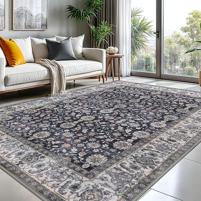 KUTA Vintage 8x10 Area Rugs for Living Room, Washable Large Rug for Bedroom 8ft x 10ft Non-Slip, Grey Black Beige Ultra Thin Soft Printed Traditional Floral Distressed Dining Room Low-Pile Carpet