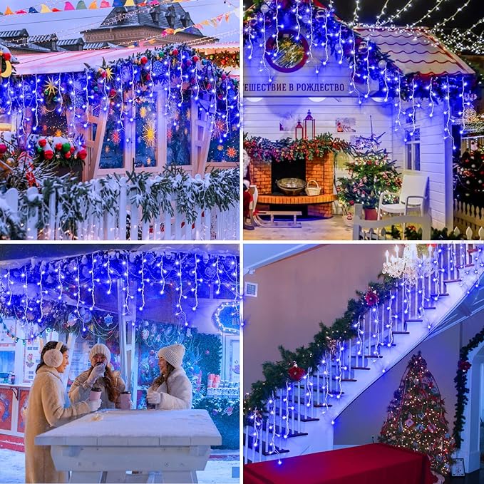 XURISEN 132ft Christmas Lights Decorations Outdoor, 1280 LED 8 Modes Fairy Lights with 240 Drops,Plug in Waterproof Timer Memory Function for Christmas Holiday Wedding Party Decorations(Blue)