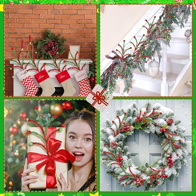 Norme 12 Pcs Red and Green Sparkle Christmas Tree Picks and Spray Christmas Tree Topper Decoration 13.8 Inch Artificial Glitter Curly Pick Stem Branches with Ball for Xmas Vase Filler Wreath Craft
