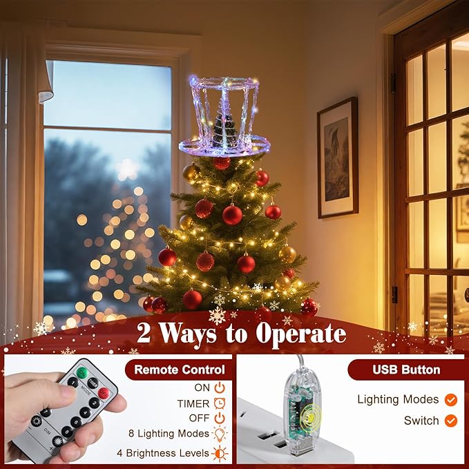 Lewondr Christmas Tree Topper Hat, 9.45" Epoxy Hat Xmas Tree Topper with 40 Color LED Bulbs, 6 Hrs Timer and 8 Light Modes USB Remote Control, Christmas Treetop Decor for Home Holiday, Silver