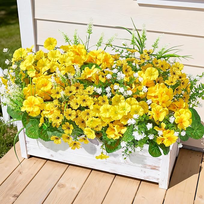 16 Bundles Artificial Flowers for Outdoors, UV Resistant Silk Faux Flowers for Outside Planters,Garden,Porch,Yard,Home Decor(Yellow)