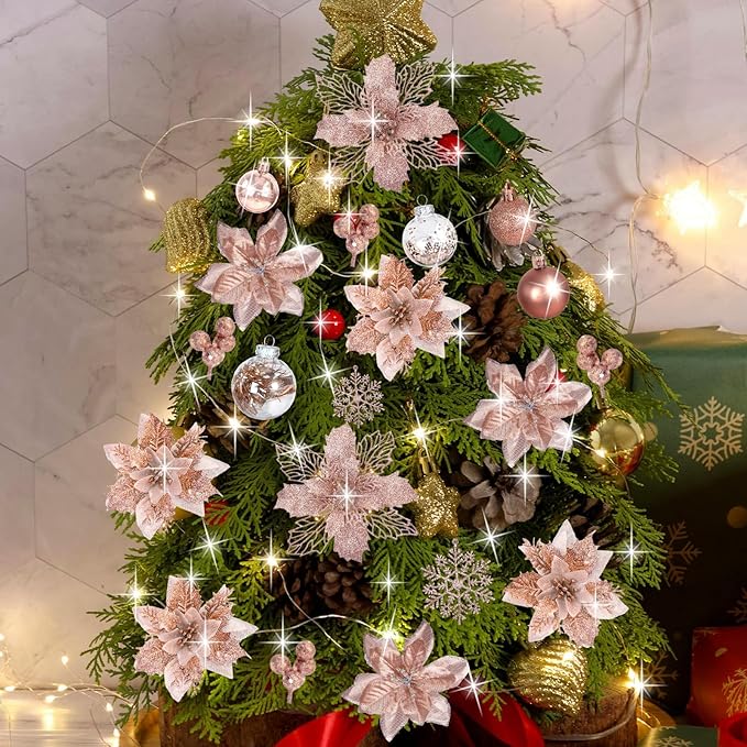 76PCS Christmas Tree Decorations Set, Rose Gold Christmas Ornaments Decoration Artificial Poinsettia Flowers with Star Tree Topper Berries Mesh Ribbons Snowflakes for Holiday Xmas Tree Decor