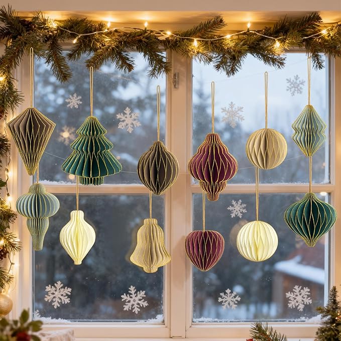 12Pcs Paper Honeycomb Christmas Tree Decorations, 3D Mini Glitter Edge Paper Honeycomb Lantern Ornaments for Vintage Neutral Christmas Party Home Decor Mixed