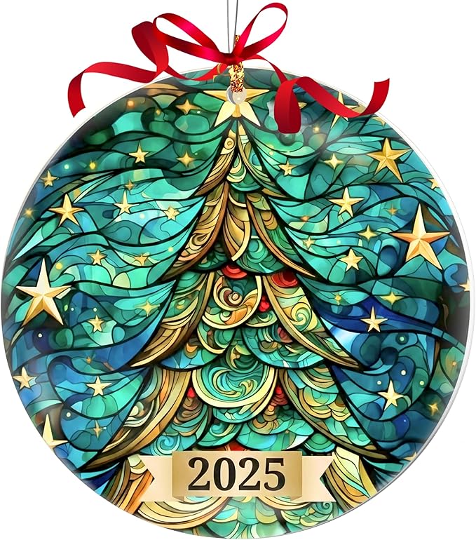 Christmas Tree Ornament 2025 – Stained Glass Style Round Acrylic Decoration – Collectible Dated Christmas Ornaments 2025 for Tree, Holiday Decor, Navidad Decorations