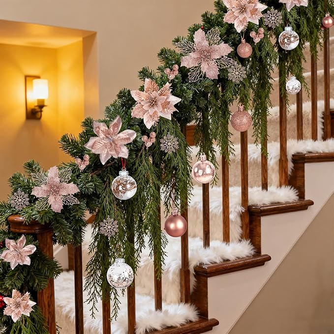 76PCS Christmas Tree Decorations Set, Rose Gold Christmas Ornaments Decoration Artificial Poinsettia Flowers with Star Tree Topper Berries Mesh Ribbons Snowflakes for Holiday Xmas Tree Decor
