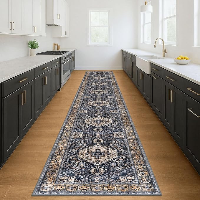 KOZYFLY Runners for Hallways 3x18 Ft Extra Long Washable Kitchen Thin Runner Rug Boho Runner Rug for Entryway Indoor Printed Faux Wool Stair Floor Carpet for Stair Kitchen Hall, Gold/Navy