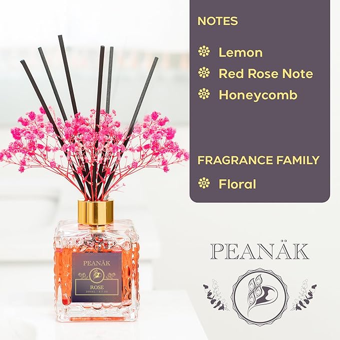 PEANÄK Reed Diffuser Set,6.7oz (200ml) Honey Rose Scented Diffuser with Preserved Flowers & 8 Fiber Sticks, Home Fragrance Reed Diffuser for Bathroom Shelf Decor