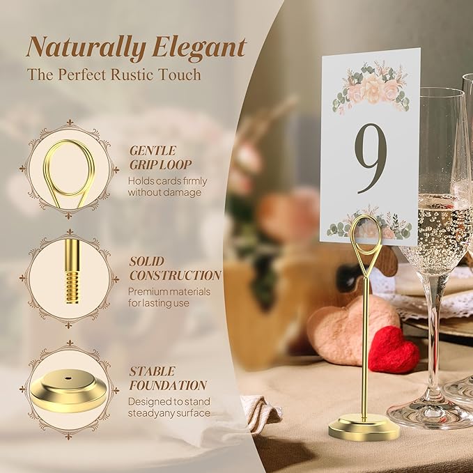12 Pcs Gold Table Number Holders, 6 Inch Tall Place Card Holders for Table, Sturdy Photo Picture Holders with Anti-Tip Base for Wedding Reception, Party, and Event Centerpiece