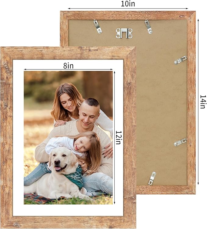 iRahmen 10x14 Picture Frame Set of 4 with Tempered Glass, Rustic Brown Frame Display 8x12 Pictures with Mat or 10 x 14 Without Mat, Wooden Photo Frames for Wall Mounting