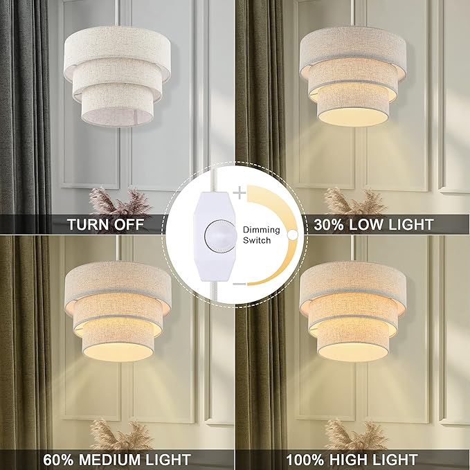 Plug in Pendant Light, Hanging Lamp with Dimmable Switch, Pendant Light Fixtures with 15 Ft Cord, Swag Light with Linen Fabric Shade for Bedroom, Kitchen, Living Room, Dining Table