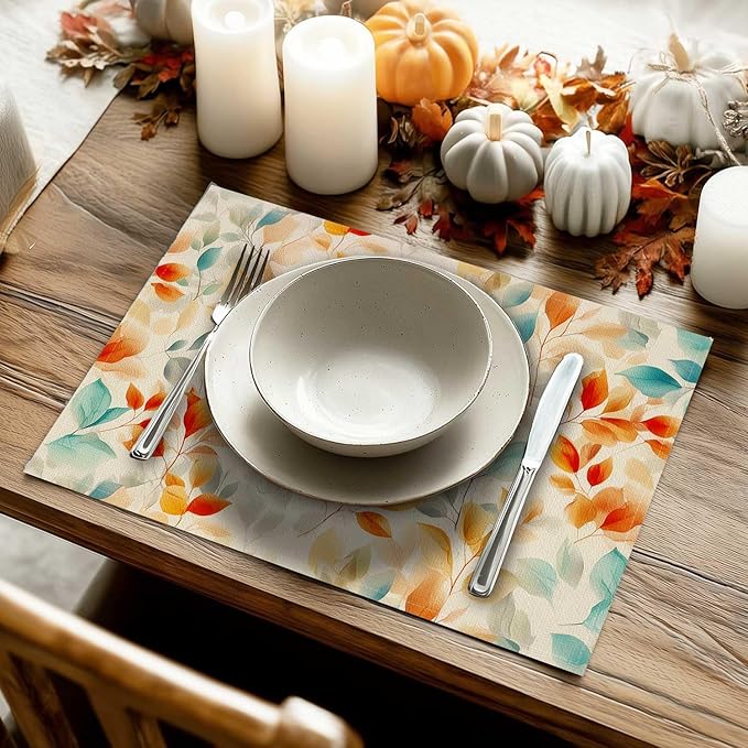 Double Side Set of 4 Eucalyptus Leaves Fall Placemats Seasonal Autumn Harvest Table Mats for Indoor Outdoor Home Party Dining Decor Farmhouse Burlap Table Mats 12x18 Inch #WP024