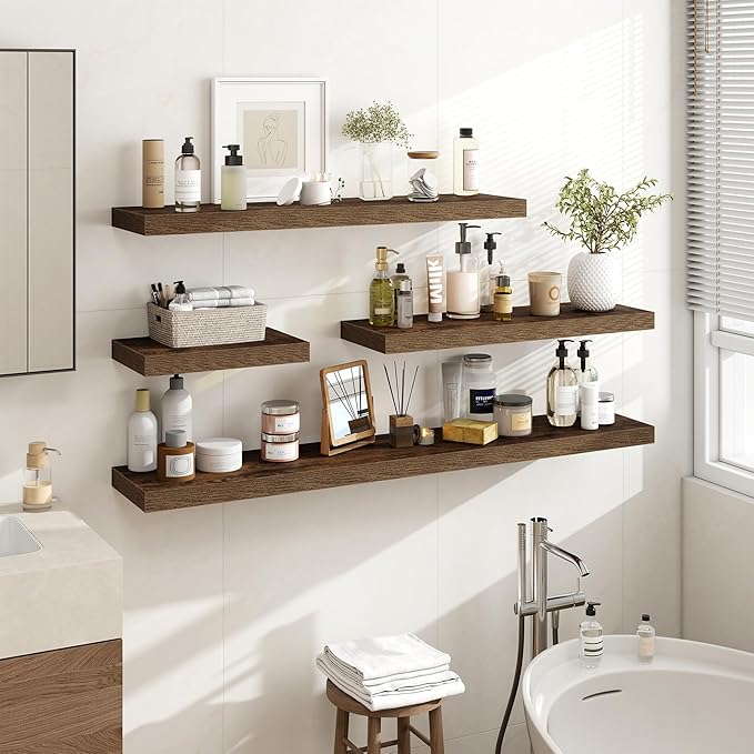 32 Inch Floating Shelves, 3D Textured Wood Grain, 32"x9.25"x1.5" Inch Deep Floating Shelves for Wall, Wooden Shelves for Bathroom, Bedroom, Living Room, Brown, 2 Pieces